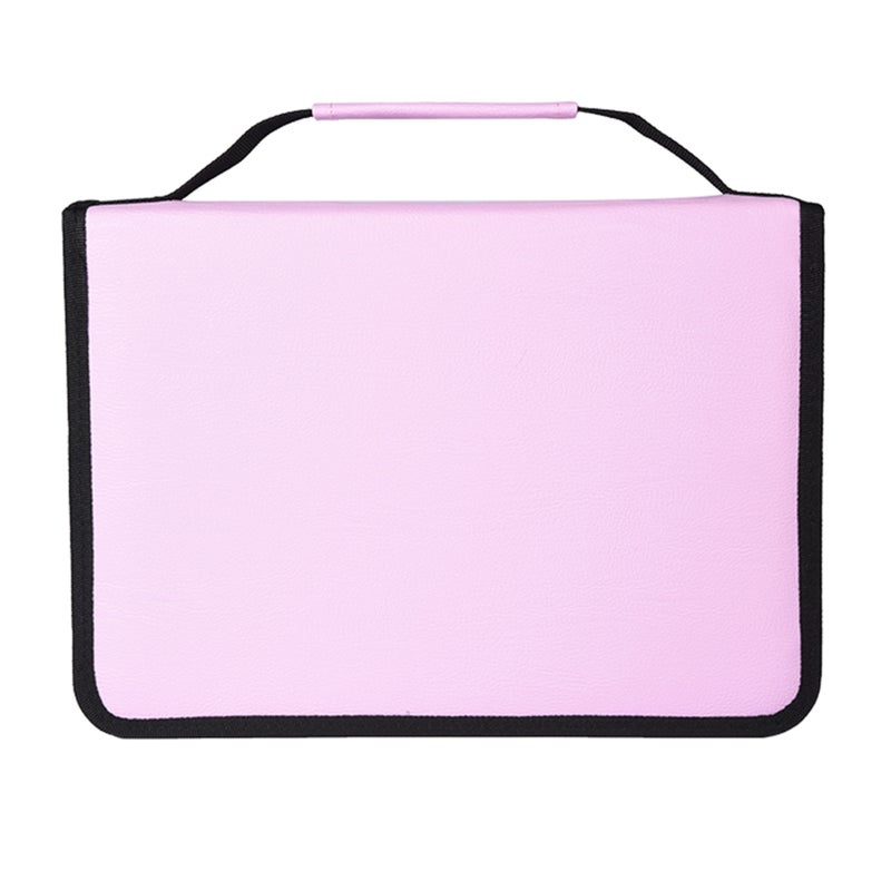 Large Capacity PU Leather Fabric Pencil Case Zipper Pen Bag Long Handle (Pink) - Image 1