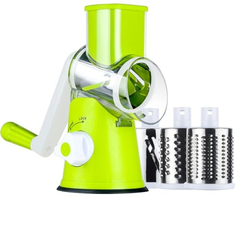 ALKAYAN Rotary Cheese Grater Slicer- Vegetable Mandoline Slicer with 3 Interchangeable Ultra Sharp Cylinders Stainless Steel Bladesï¼ˆGreenï¼‰ - Image 1