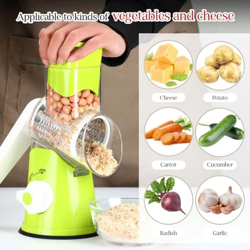 ALKAYAN Rotary Cheese Grater Slicer- Vegetable Mandoline Slicer with 3 Interchangeable Ultra Sharp Cylinders Stainless Steel Bladesï¼ˆGreenï¼‰ - Image 3