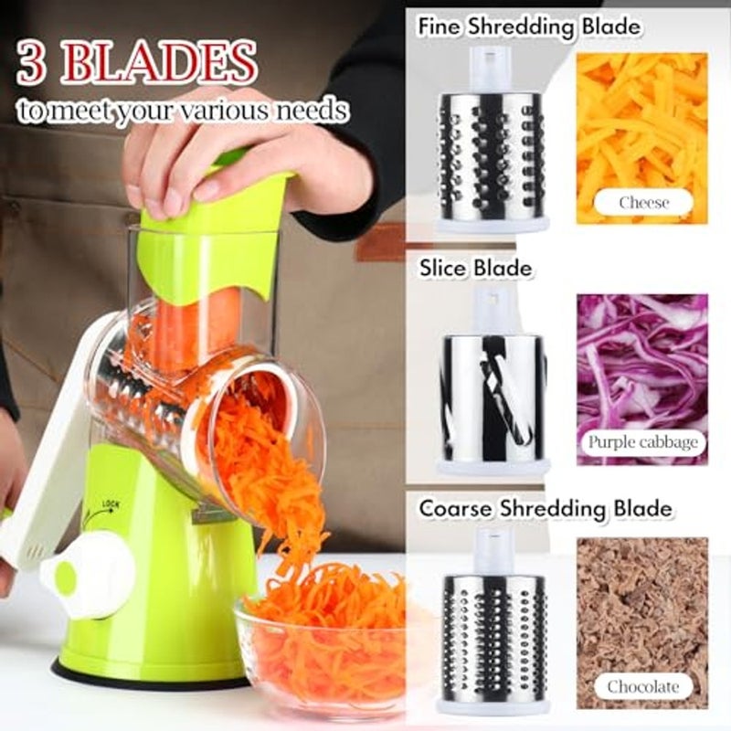 ALKAYAN Rotary Cheese Grater Slicer- Vegetable Mandoline Slicer with 3 Interchangeable Ultra Sharp Cylinders Stainless Steel Bladesï¼ˆGreenï¼‰ - Image 2