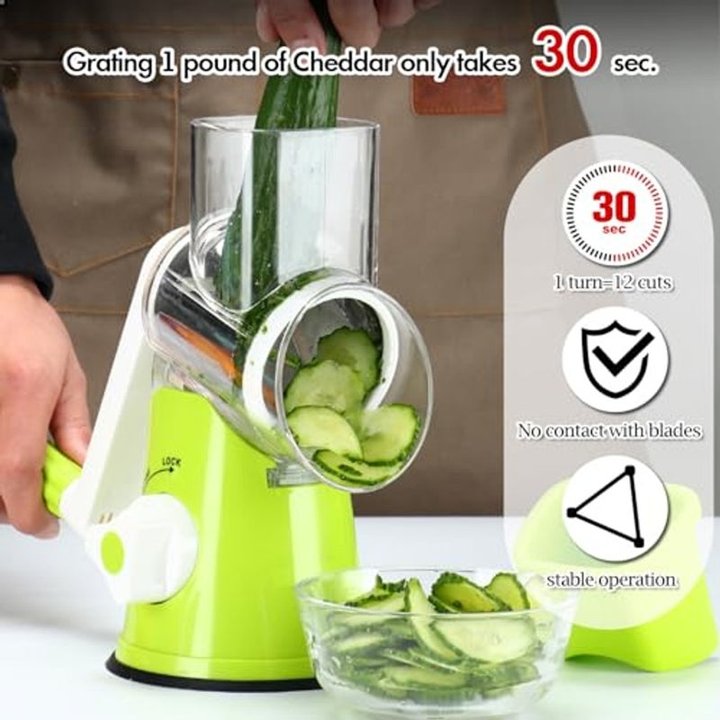 ALKAYAN Rotary Cheese Grater Slicer- Vegetable Mandoline Slicer with 3 Interchangeable Ultra Sharp Cylinders Stainless Steel Bladesï¼ˆGreenï¼‰ - Image 4