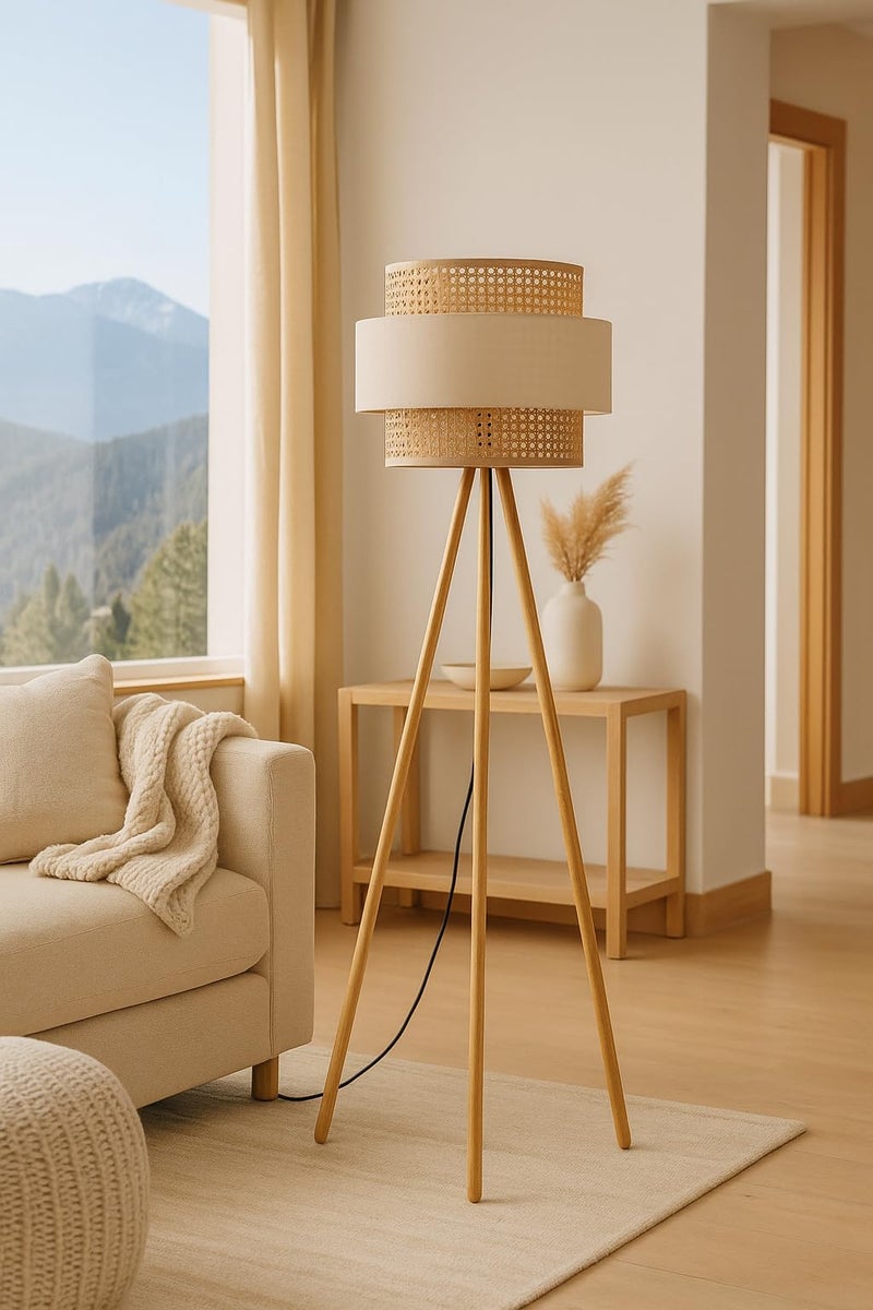 AKWAY Rattan Cane Webbing Floor Lamp Bamboo Floor Lamp Cane Standing Lamp Wooden Standing lamp for Living Room Bedroom (14" D X 11") (Beige) - Image 3