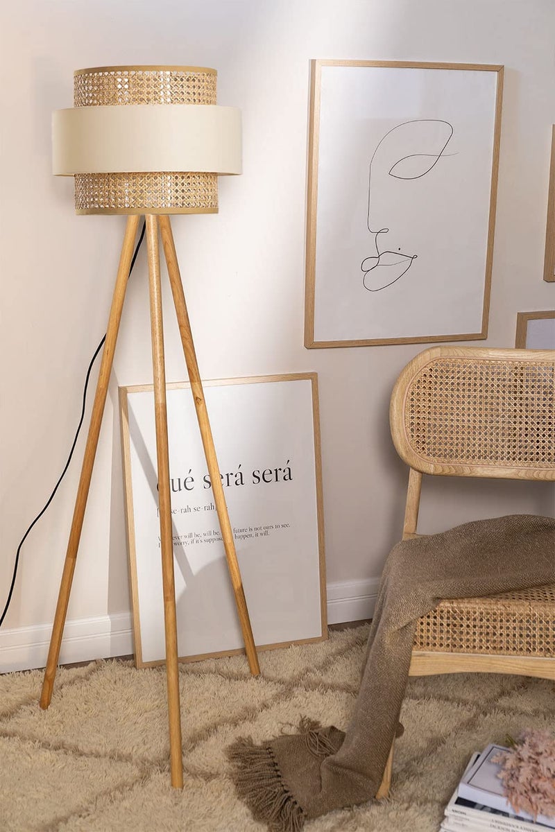 AKWAY Rattan Cane Webbing Floor Lamp Bamboo Floor Lamp Cane Standing Lamp Wooden Standing lamp for Living Room Bedroom (14" D X 11") (Beige) - Image 1