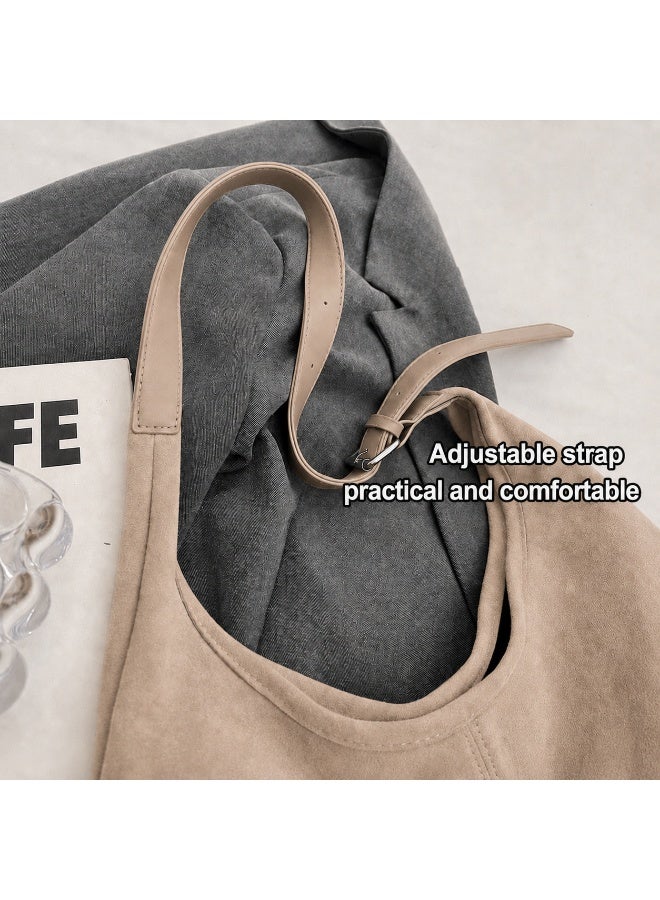 Women's Large Capacity Suede-Effect Hobo Tote Bag with Adjustable Shoulder Strap, Khaki - Image 5