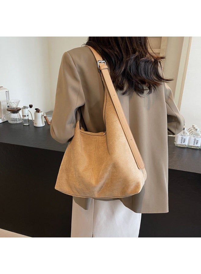 Women's Large Capacity Suede-Effect Hobo Tote Bag with Adjustable Shoulder Strap, Khaki - Image 3
