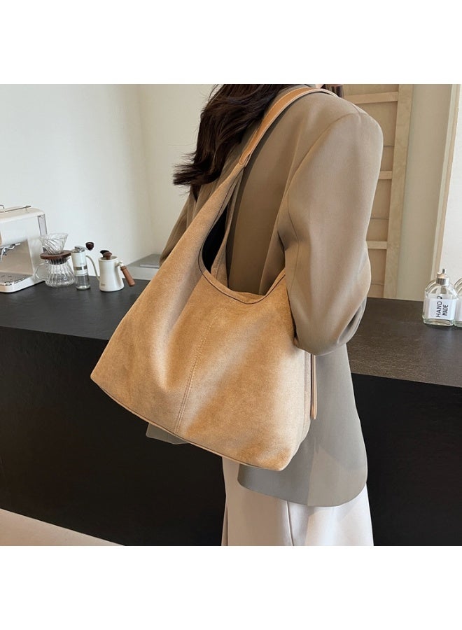 Women's Large Capacity Suede-Effect Hobo Tote Bag with Adjustable Shoulder Strap, Khaki - Image 2