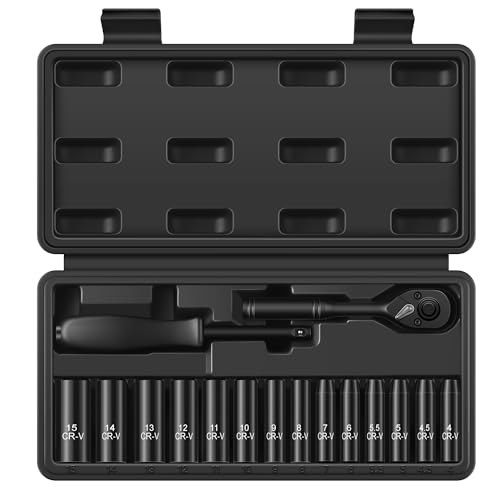 Reniteco 16-Piece 1/4" Drive Socket Set, Metric (4mm-15mm), Deep Sockets, 72-Tooth Ratchet Wrench, Drive Spinner Handle, 6 Point Design, Cr-V - Image 1