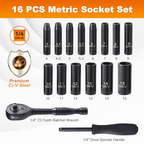 Reniteco 16-Piece 1/4" Drive Socket Set, Metric (4mm-15mm), Deep Sockets, 72-Tooth Ratchet Wrench, Drive Spinner Handle, 6 Point Design, Cr-V - Image 2