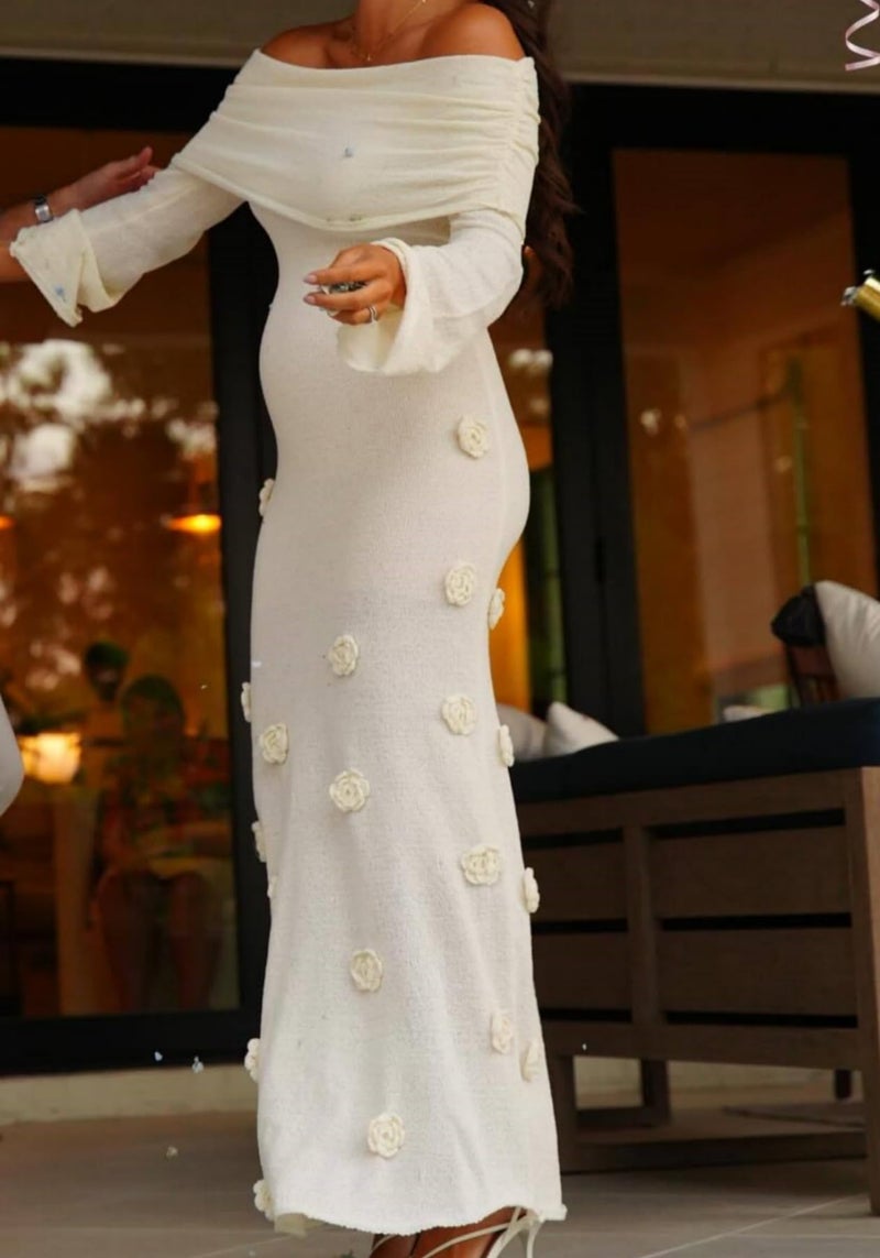 Unybwonn Women Sexy Off Shoulder Crochet Maxi Dress Bodycon Stretchy Mesh Knit Dress Long Sleeve Tube Top Elegant Dresses White - Image 3