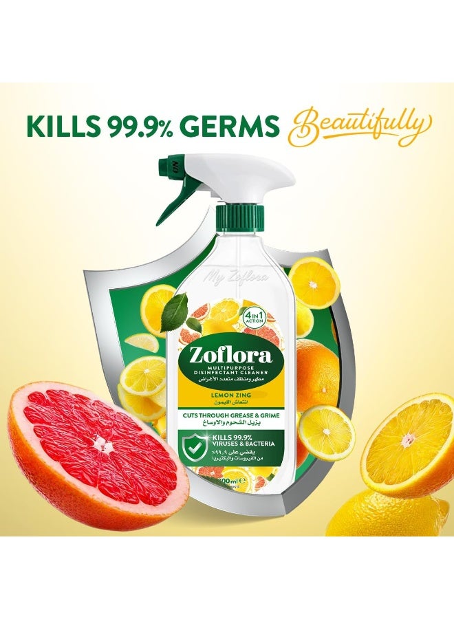 زوفلورا بخاخ مطهر ومنظف متعدد الأغراض ، برائحة انتعاش الليمون، يزيل الشحوم والأوساخ، يقتل 99.9٪ من الفيروسات والبكتيريا، للأسطح، 800 مل - Image 2