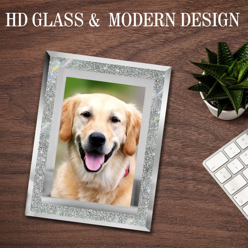 HIKWADERY 4x6 Picture Frames Silver - Set of 2  Sparkle Real Glass 4 by 6 Photo Frame Mirrored Edge Great Gift  for Tabletop or Wall Display (4 x 6  Glitter Silver) - Image 3