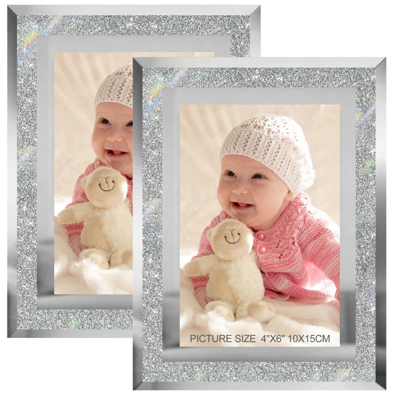 HIKWADERY 4x6 Picture Frames Silver - Set of 2  Sparkle Real Glass 4 by 6 Photo Frame Mirrored Edge Great Gift  for Tabletop or Wall Display (4 x 6  Glitter Silver) - Image 1