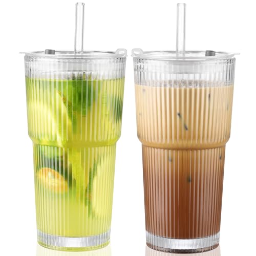 CWHHRN 20 Oz Glass Cups with Lid and Straw 2 Set, Glass Tumbler with Straw and Lid, Vintage Glassware for Whiskey Cocktail Beer, Iced Coffee Cups with Lid (2 PACK) - Image 1