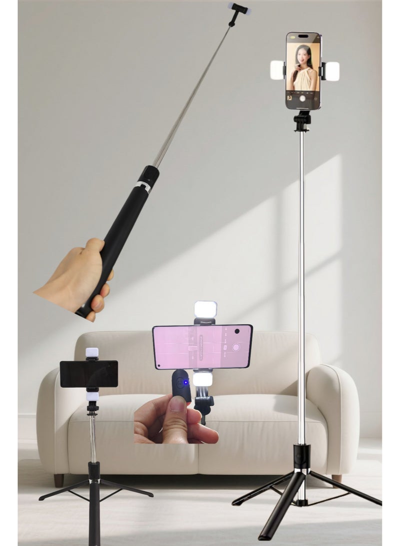 Exceed Selfie Sticks Tripod,Separate design smartphone tripod Stand with Wireless Remote Control and Double fill light Portable Retractable Cell Phone Tripod for iPhone/Samsung/GoPro/Android Phone Aluminum Portable Lightweight Travel Tripod for Video Recording emovable fill light for iPhone 12/Xs/iPhone 8/iPhone 11/11pro, Galaxy S10/S9 Plus/S8/Note8, LG,Go Pro,Camera (L02, Black) - Image 1