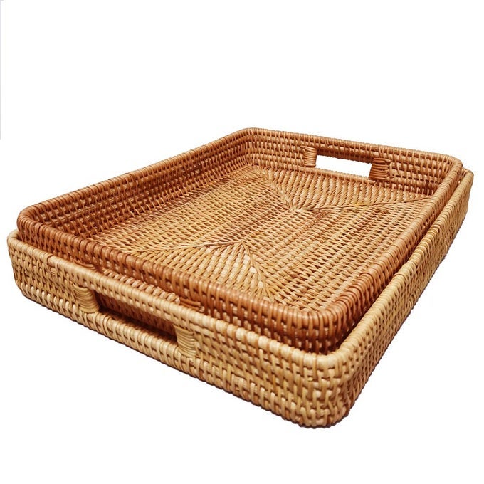 ILAN 2 PACK OVERSIZE DEEP NATURAL WICKER SERVING TRAY WITH HANDLES AND 23 WALL 16 INCH RECTANGULAR RATTAN OFFICE TRAY DECORATIVE WOVEN RATTAN FRUIT BASKETS TRAY PLATE FOR TABLE COUNTERTOPLXL