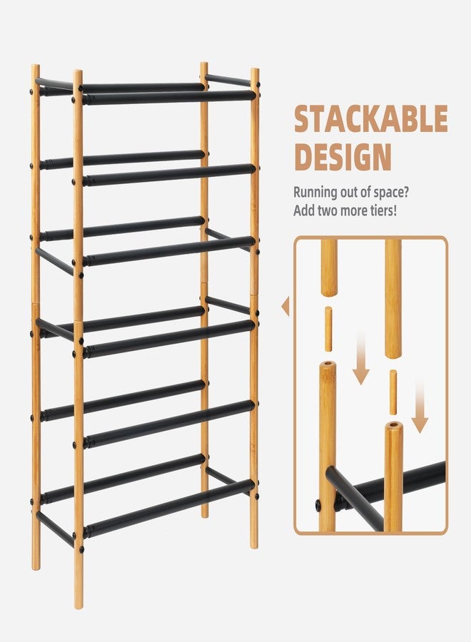 STORAGE MANIAC Expandable Shoe Rack, 16 Pairs Stackable Small Shoe Rack, Metal Adjustable Shoes Organizer for Closet, Entryway, Hallway, Garage, Front Door, Shoes Shelves, Bamboo 4 Tier - Image 4