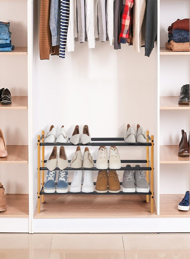 STORAGE MANIAC Expandable Shoe Rack, 16 Pairs Stackable Small Shoe Rack, Metal Adjustable Shoes Organizer for Closet, Entryway, Hallway, Garage, Front Door, Shoes Shelves, Bamboo 4 Tier - Image 2