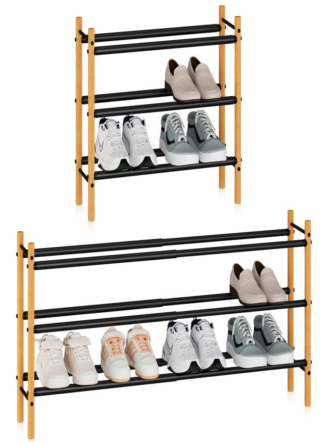 STORAGE MANIAC Expandable Shoe Rack, 16 Pairs Stackable Small Shoe Rack, Metal Adjustable Shoes Organizer for Closet, Entryway, Hallway, Garage, Front Door, Shoes Shelves, Bamboo 4 Tier - Image 1