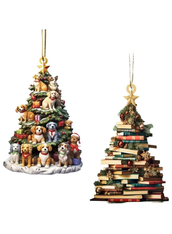 The Bros 2pcs Christmas Tree Hanging Tree Bookshelf Hanging Ornament, Cute Puppy Hanging Ornament Decoration, Book Stacking Ornaments Christmas Books, Acrylic Decoration - Image 1