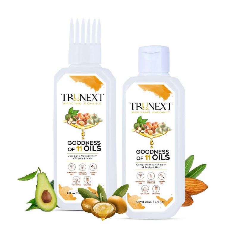 TRUNEXT Goodness Of 11 Hair Oils original  AntiHair Fall  UltraLight  NonSticky  Free From Paraben Sulphate  Harmful Chemicals  For Thick Strong Hair 200ml Pack Of 2 - Image 1