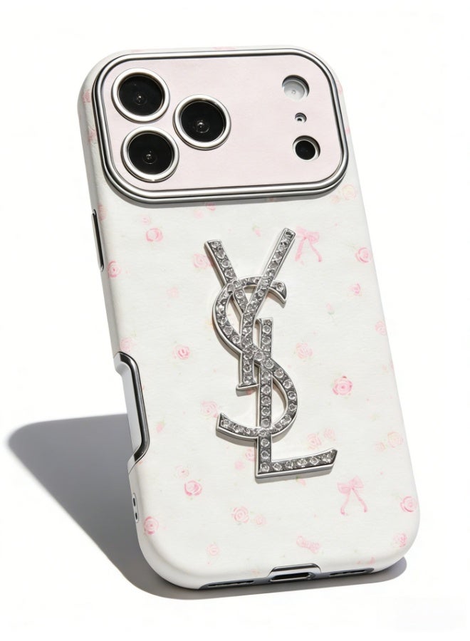 سانت لوران غطاء هاتف iPhone 16/17 Pro Max بطبعة زهرة كريستال كاساندري من سانت لوران YSL، أبيض ووردي - Image 1