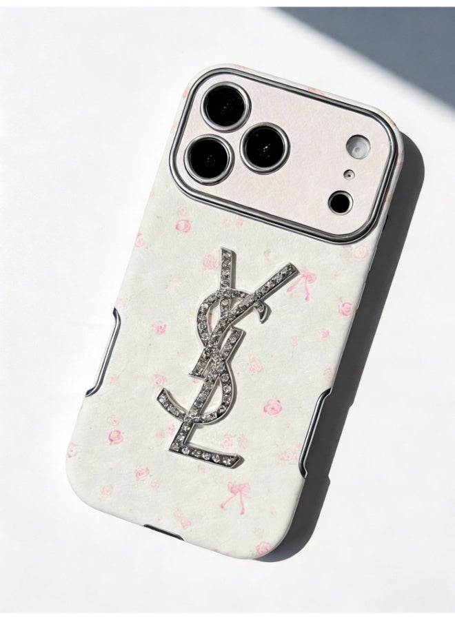 سانت لوران غطاء هاتف iPhone 16/17 Pro Max بطبعة زهرة كريستال كاساندري من سانت لوران YSL، أبيض ووردي - Image 3