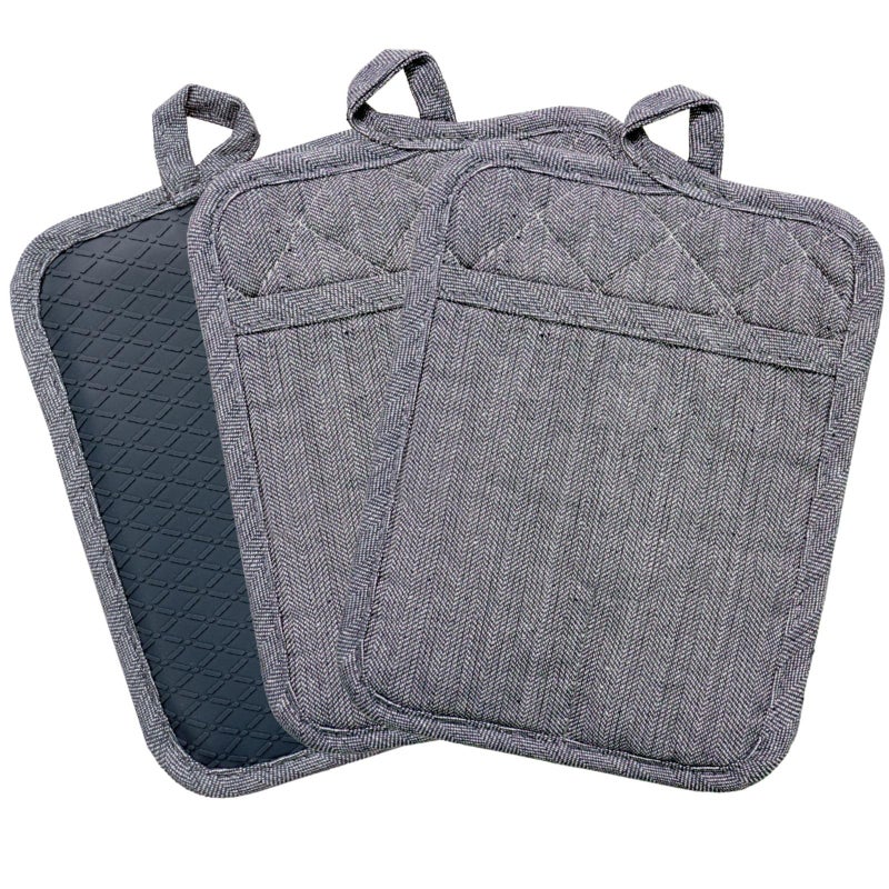 RED LMLDETA Pot Holders YarnDyed Set of 3 Non Slip Silicone Kitchen Lines Heat Resistant 500 Kitchen Gloves BBQ Cooking Baking Women Men Cooking Barbecue Microwave Machine Washable Gray Potholders 