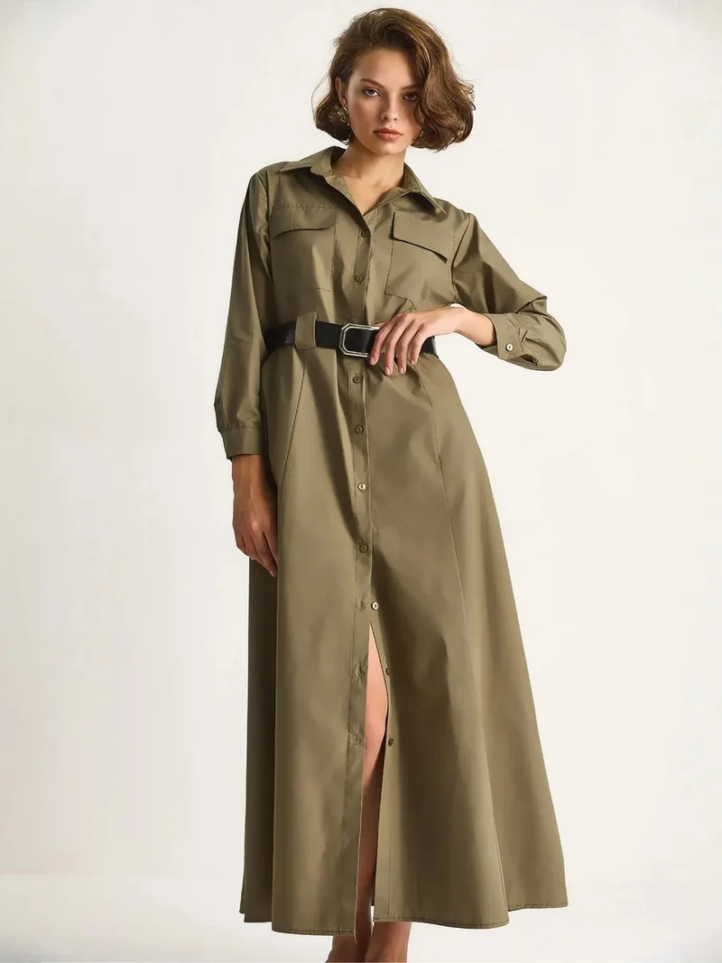 بيانكو لوتشي LUCCI Long Sleeve Maxi Dress with Button Closure and Shirt Collar
