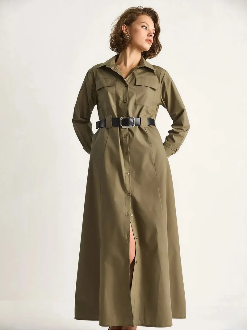 بيانكو لوتشي LUCCI Long Sleeve Maxi Dress with Button Closure and Shirt Collar