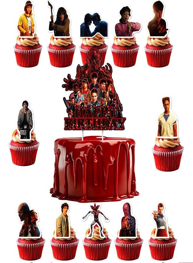 H.ebony 13Pcs Stranger 5 TV Cake Decorations with 12pcs Cupcake Toppers, 1pcs Cake Topper for Boys and Girls Movie Theme Birthday Party Decorations - Image 2
