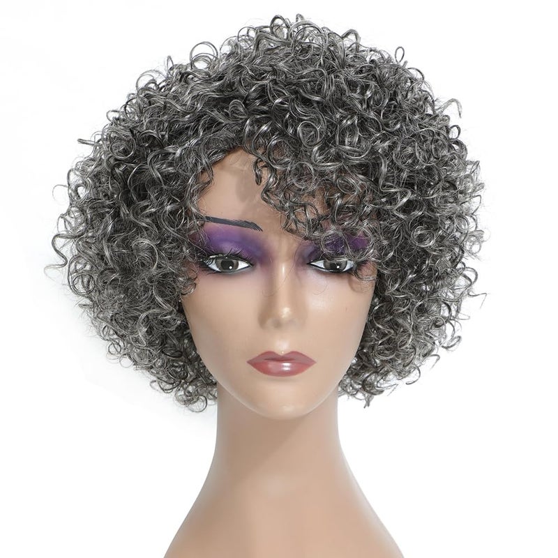 HUA Grey Glueless Wigs Human Hair Wigs for Black Women Grey Short Curly Wigs for Black Women Human Hair Mixed Kinky Curly Wear and Go Glueless Wig Ombre Gray 8 Inch Short Wigs for Older Women