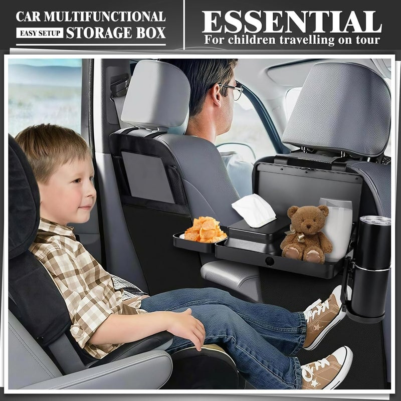 TERRIFI Car Seat Tray for Backseat – Adjustable Multifunctional Car Organizer Food Tray with Cup Holder & Tissue Box – Portable Travel Tray for Eating, Drinking & Entertainment (Black) - Image 2