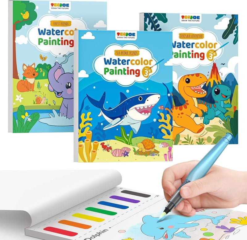 TECJOE 3 Pack Paint with Water Coloring Books for Toddlers Mess Free Watercolor Painting Set with 6 Brushes Travel Art Craft Activities Toys Birthday Gifts for Kids Ages 38 Dinosaurs Forest Sea - Image 2