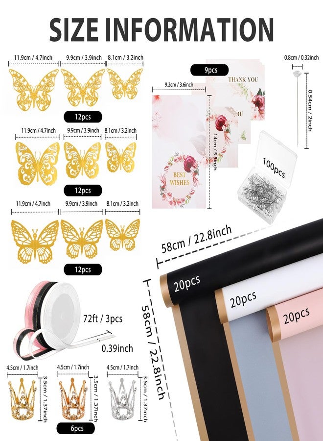 FUHITIM 60 Sheet Flower Wrapping Paper-3 Colors Florist Bouquet Wrapping Paper for Wedding Birthday Gift, Flower Paper Wrap with 3 Rolls Ribbon,3D Butterflies, 3 Colors Crowns (Black, Rose Pink, White) - Image 2