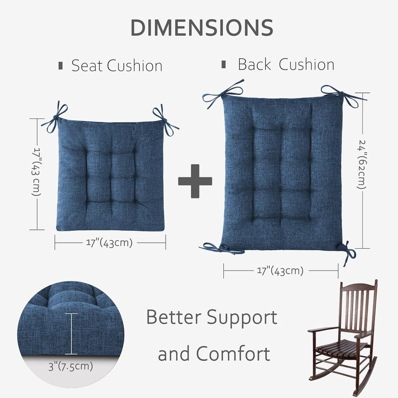 ELFJOY Rocking Chair Cushion Large Rocking Chair Pads with Ties Premium Linen High Back and Seat Cushion 2 Piece Set Linen Navy - Image 2
