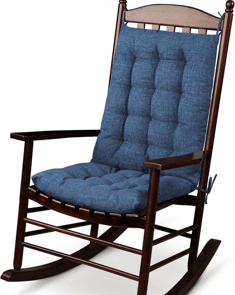 ELFJOY Rocking Chair Cushion Large Rocking Chair Pads with Ties Premium Linen High Back and Seat Cushion 2 Piece Set Linen Navy - Image 1