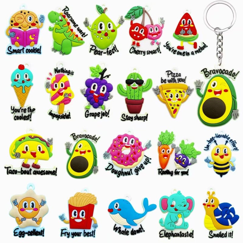 Ella & Emma 20PCS Cute Keychain Party Favors for Kids â€“ Motivational Pun Charms, Classroom Prizes, Birthday Goodie Bag Fillers, School Rewards, Teacher Treasure Box Toys, Backpack Keyrings Bulk - Image 1