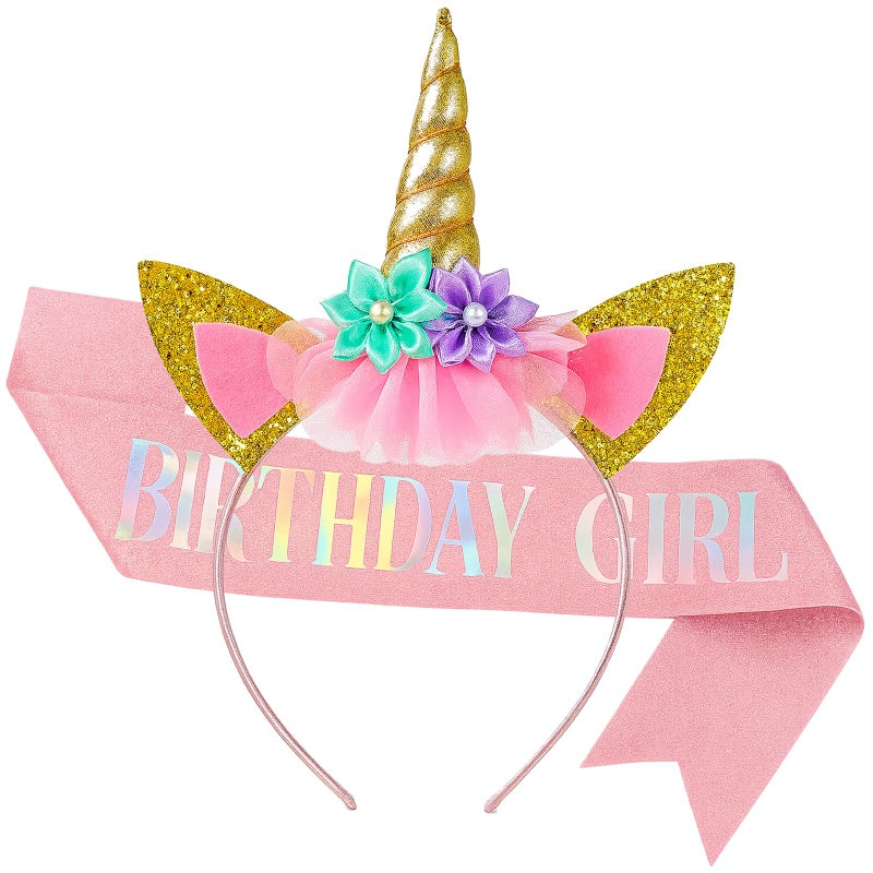 TWPER Birthday Girl Sash Unicorn Headband Set, Pink Glitter Birthday Girl Party Supplies, Happy Birthday Outfit Accessories for Kids Women Decorations - Image 1
