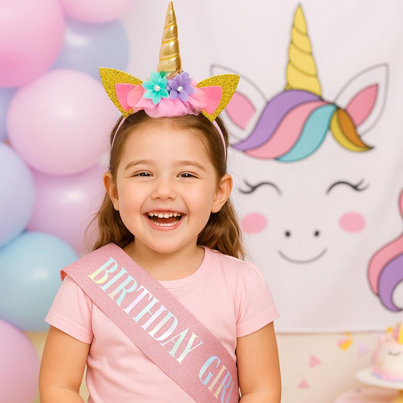 TWPER Birthday Girl Sash Unicorn Headband Set, Pink Glitter Birthday Girl Party Supplies, Happy Birthday Outfit Accessories for Kids Women Decorations - Image 2