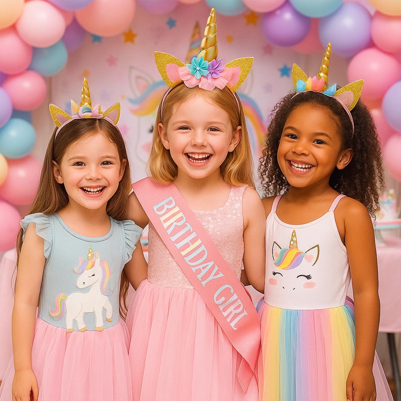 TWPER Birthday Girl Sash Unicorn Headband Set, Pink Glitter Birthday Girl Party Supplies, Happy Birthday Outfit Accessories for Kids Women Decorations - Image 3