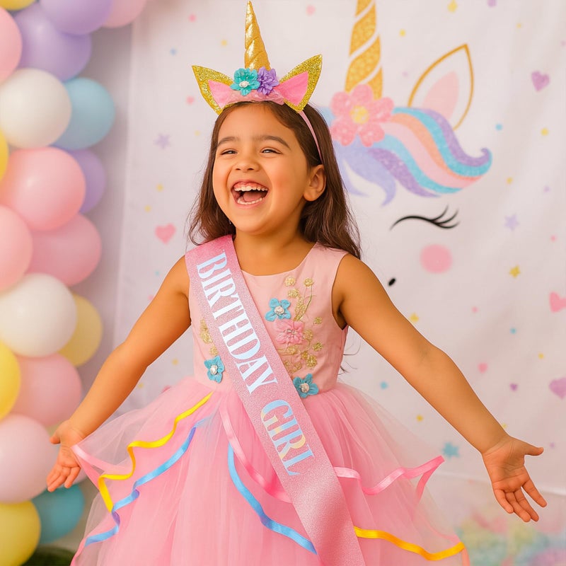 TWPER Birthday Girl Sash Unicorn Headband Set, Pink Glitter Birthday Girl Party Supplies, Happy Birthday Outfit Accessories for Kids Women Decorations - Image 4