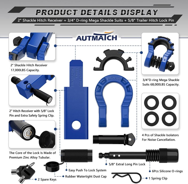 AUTMATCH Shackle Hitch Receiver 2" with 3/4" Mega D Ring Shackle and 5/8" Trailer Hitch Lock Pin, 68,000 Lbs Break Strength Heavy Duty Receiver Towing Kit for Off-Road Vehicle Recovery, Blue - Image 2