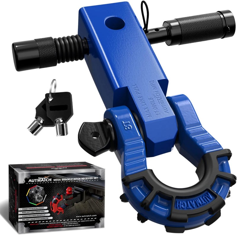 AUTMATCH Shackle Hitch Receiver 2" with 3/4" Mega D Ring Shackle and 5/8" Trailer Hitch Lock Pin, 68,000 Lbs Break Strength Heavy Duty Receiver Towing Kit for Off-Road Vehicle Recovery, Blue - Image 1