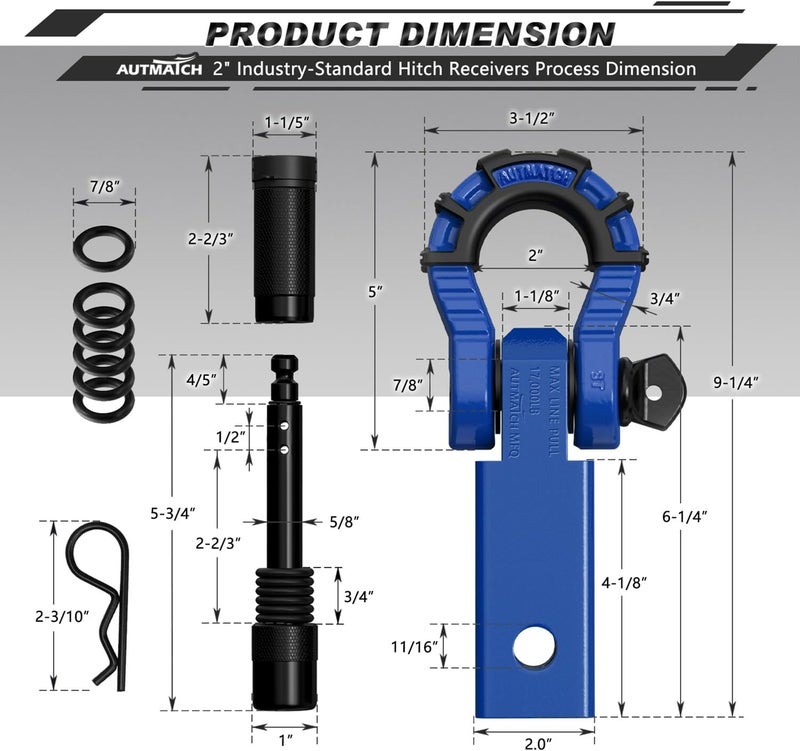 AUTMATCH Shackle Hitch Receiver 2" with 3/4" Mega D Ring Shackle and 5/8" Trailer Hitch Lock Pin, 68,000 Lbs Break Strength Heavy Duty Receiver Towing Kit for Off-Road Vehicle Recovery, Blue - Image 3