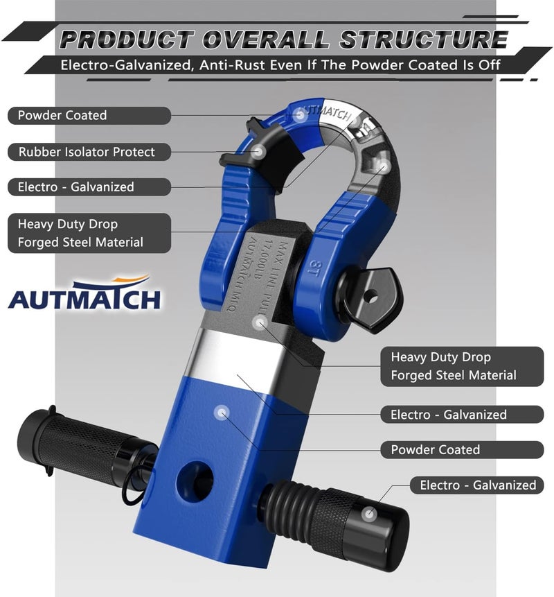 AUTMATCH Shackle Hitch Receiver 2" with 3/4" Mega D Ring Shackle and 5/8" Trailer Hitch Lock Pin, 68,000 Lbs Break Strength Heavy Duty Receiver Towing Kit for Off-Road Vehicle Recovery, Blue - Image 4