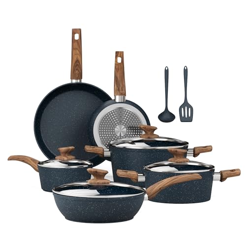 Kitchen Academy Pots and Pans Set Non Stick - 12 Piece Induction Kitchen Cookware Sets, Blue Granite Nonstick Cooking Pans Set - Image 1