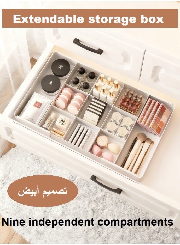 شيكسين صندوق منظم أدراج أبيض، قابل للتمديد، متعدد الاستخدامات. مناسب لأدراج منضدة الزينة، والمطابخ، والحمامات، وغرف النوم، والمكاتب. يُناسب أدوات المائدة، ومستحضرات التجميل، والمجوهرات، والأدوات الصغيرة، إلخ. (أبيض) - Image 1