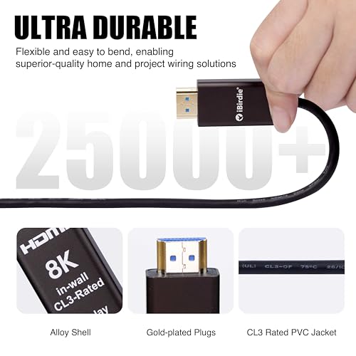 iBirdie 8K Fiber Optic HDMI Cable 50 Feet 16 Meter, in-Wall CL3 Rated, Directional Active Cord, Work on 8K 60hz, 4K 120hz, HDCP 2.3 2.1, 48 Gbps Compatible for Apple-TV PS5 Xbox 4080 4070 - Image 3