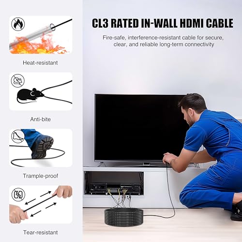 iBirdie 8K Fiber Optic HDMI Cable 50 Feet 16 Meter, in-Wall CL3 Rated, Directional Active Cord, Work on 8K 60hz, 4K 120hz, HDCP 2.3 2.1, 48 Gbps Compatible for Apple-TV PS5 Xbox 4080 4070 - Image 4