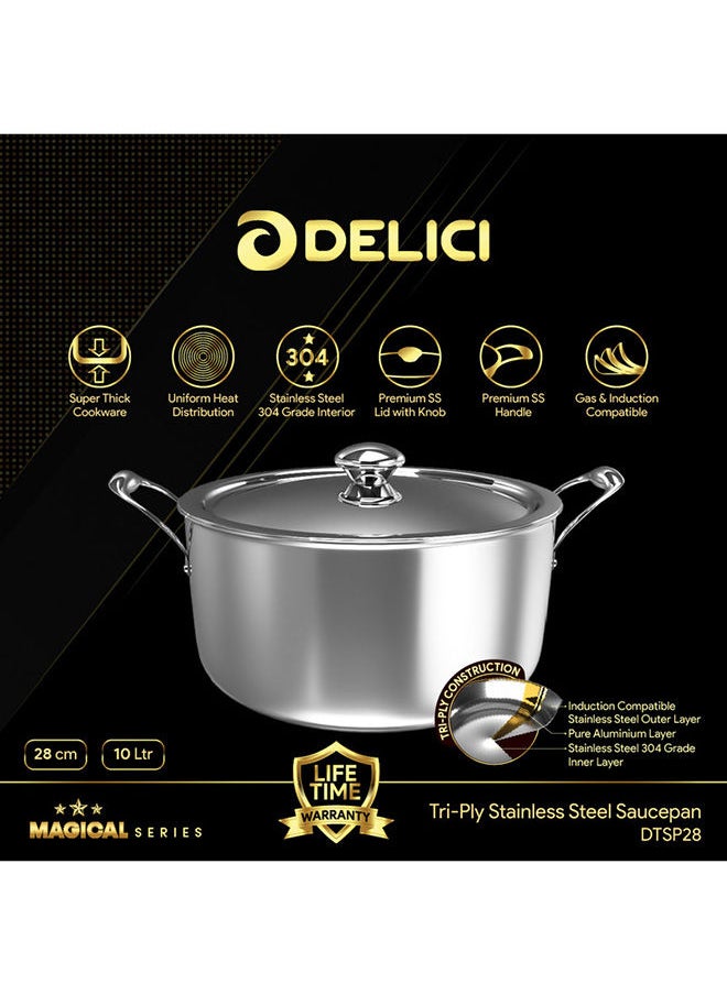 DELICI Stainless Steel Tri ply Sauce Pan 28cm with Lid - 10L Capacity, Premium Riveted Handle, Stainless Steel 304 Grade Interior, Uniform Heat Distribution, Induction, Gas, and Ceramic Compatible  - Image 2